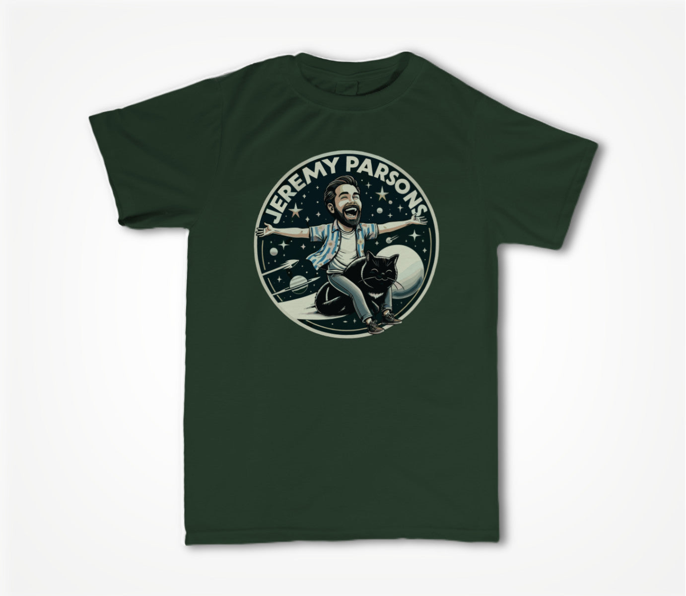 Jeremy Parsons Space Cat Haircut 2026 (Forest Green) Unisex T-shirt